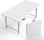 4 FT Plastic Folding Camping Table,3-Level Adjustable Height, Portable in/Outdoor Party Picnic Dining Desk, Garden Soccer Multipurpose Entertaining Activities，White