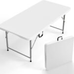 4 FT Plastic Folding Camping Table,3-Level Adjustable Height, Portable in/Outdoor Party Picnic Dining Desk, Garden Soccer Multipurpose Entertaining Activities，White
