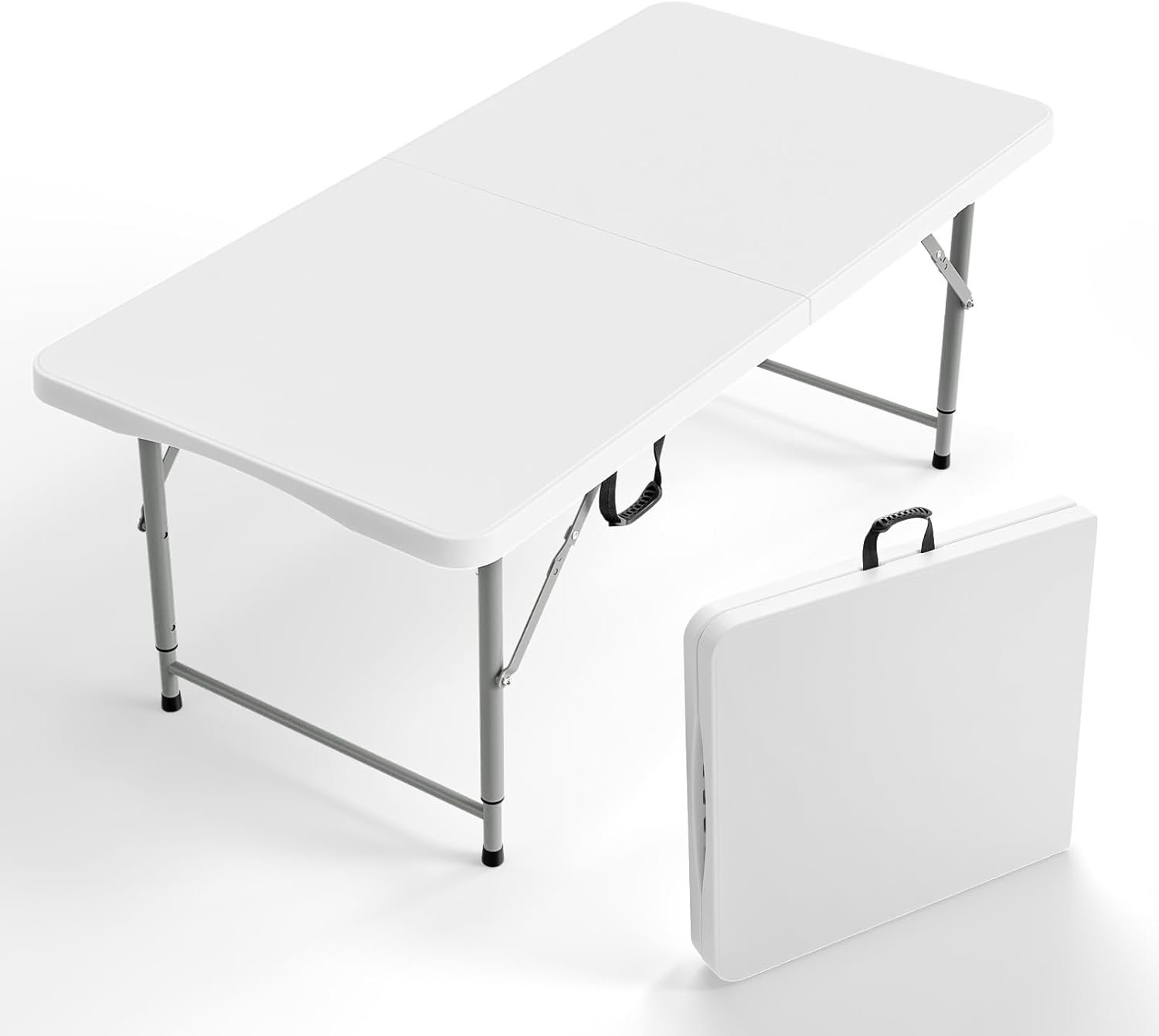 517sgJ3Y-SL._AC_SL1500_.jpg 4 FT Plastic Folding Camping Table,3-Level Adjustable Height, Portable in/Outdoor Party Picnic Dining Desk, Garden Soccer Multipurpose Entertaining Activities,White - Image 1
