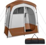 2 Room Shower Tent, Portable Camping Changing Tent with Floor Drain,Detachable Rain Fly, Stakes & Ropes, UV Protection, Water Resistant Privacy Tent for Outdoor Toilet, Dressing (Coffe)