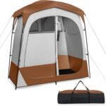 2 Room Shower Tent, Portable Camping Changing Tent with Floor Drain,Detachable Rain Fly, Stakes & Ropes, UV Protection, Water Resistant Privacy Tent for Outdoor Toilet, Dressing (Coffe)