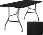 Folding Table 6ft Portable Heavy Duty Plastic Fold-in-Half 6 Foot Foldable Table Utility Dining Indoor Outdoor with Carrying Handle for Camping Picnic and Party, Black