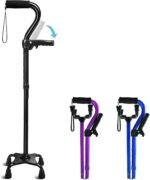 Adjustable Walking Cane for Men & Women with 4-Pronged Ba for Extra Stability - Foldable Cane for niors with Foam Padded Offt Handle for Soft Grip & a cond Handle for Standing Black