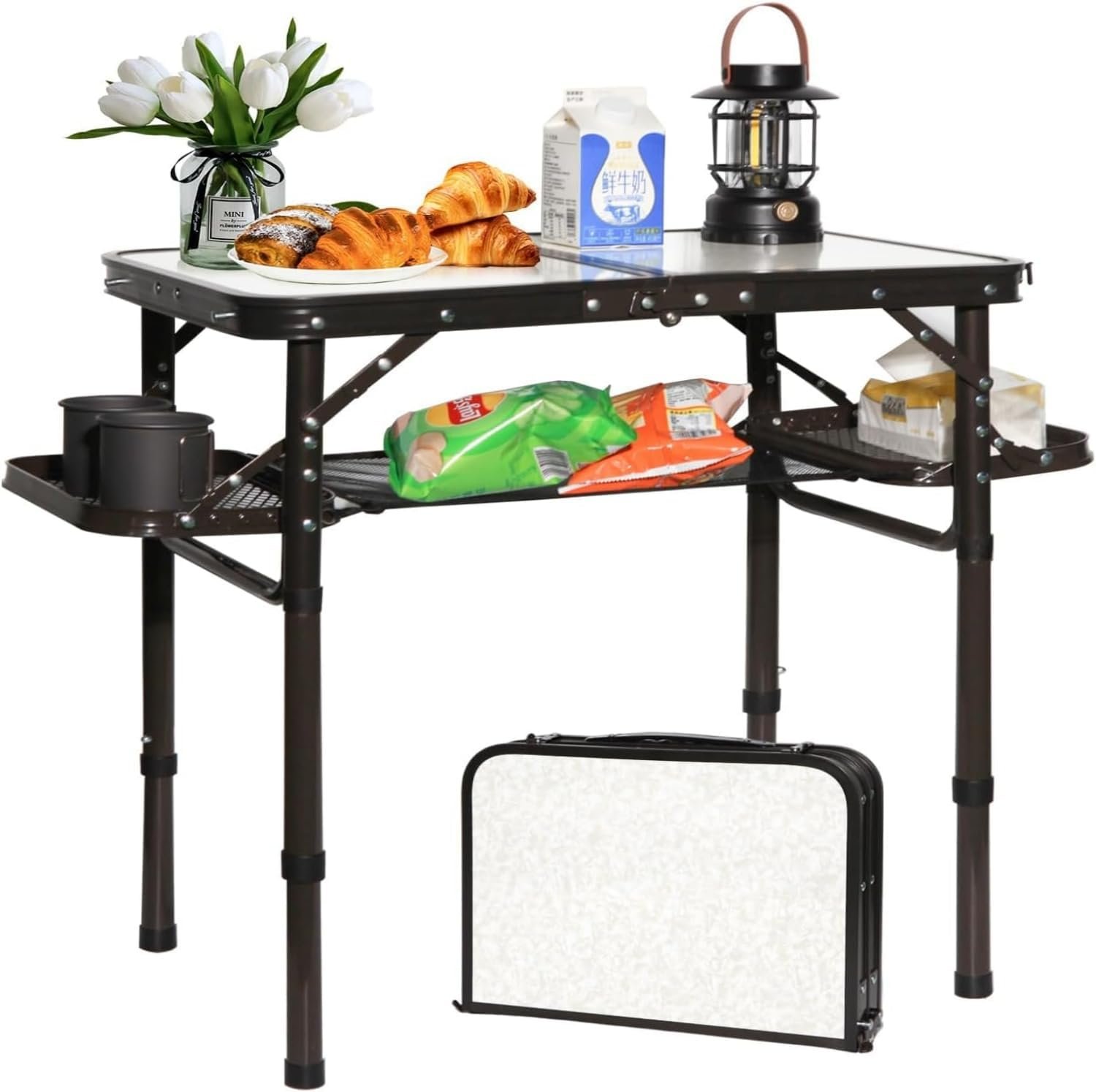 61KgcDfpcIL._AC_SL1500_.jpg Folding Camping Table Outdoor Indoor Picnic BBQ Aluminum Lightweight Tall Camping Table 3-Height Adjustable 25in Max 50 Extra Space with Carry Handle & Mesh Pocket Small Foldable Table - Image 1