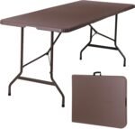 SUPER DEAL 6FT Folding Table for Indoor Outdoor, Portable Heavy Duty Fold-in-Half Plastic Dining Picnic Party Camping Table with Carrying Handle, Brown