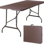 SUPER DEAL 6FT Folding Table for Indoor Outdoor, Portable Heavy Duty Fold-in-Half Plastic Dining Picnic Party Camping Table with Carrying Handle, Brown