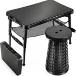 Retractable Small Folding Table and Stool Set, Portable Camping Foldable Table Lightweight Yet More Sturdy with Adjustable Stool for Outdoor Picnic, Beach, Camp, Also Ideal as Laptop Bed Desk