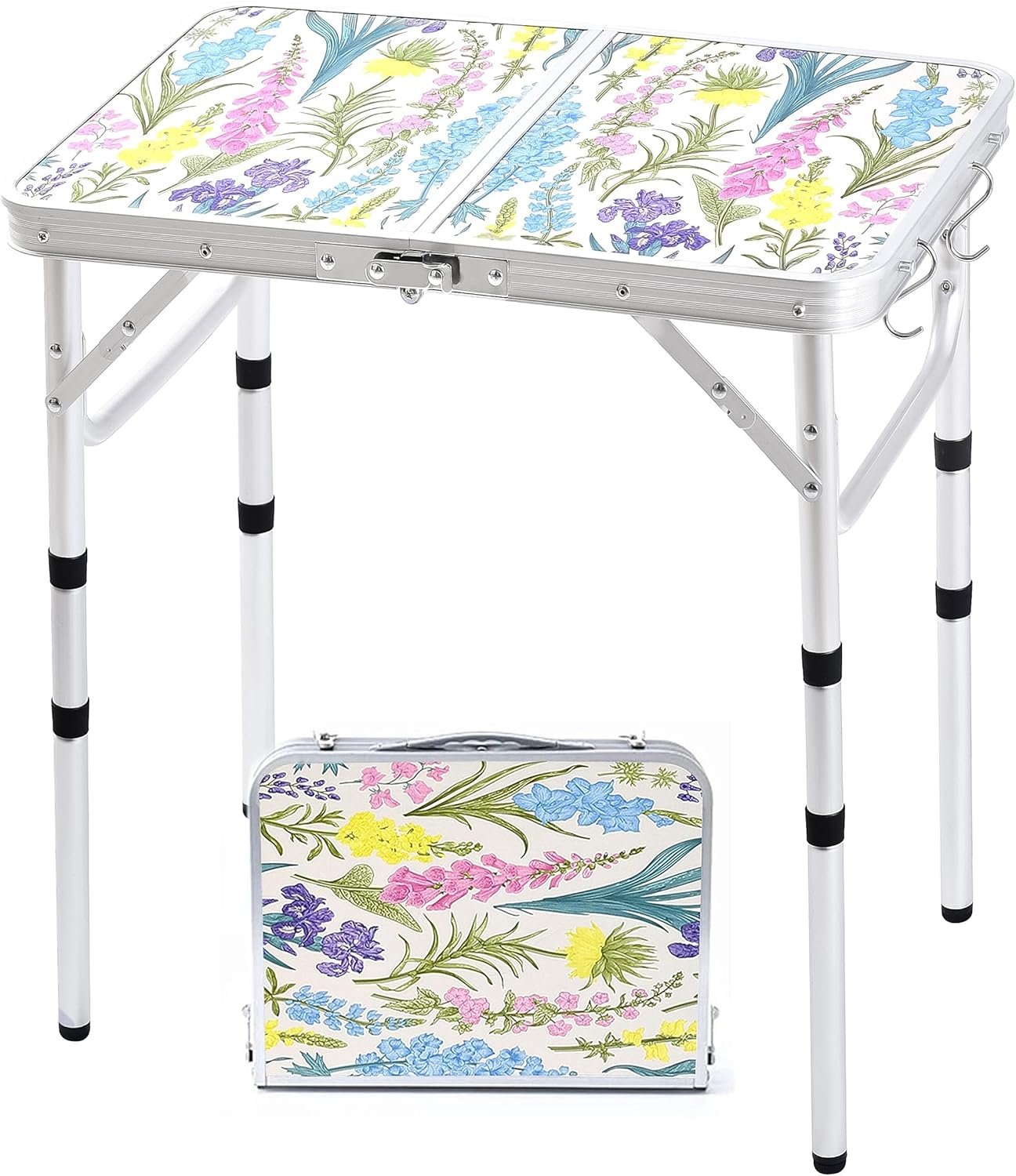 81HVNS3kgL._AC_SL1500_.jpg Folding Camping Table 2ft Portable Pinic Table Adjustable Height Small Card Table Aluminum Foldable Lightweight with Carry Handle for Outdoor Indoor Hiking Camp BBQ Beach (Blooming Floral) - Image 1